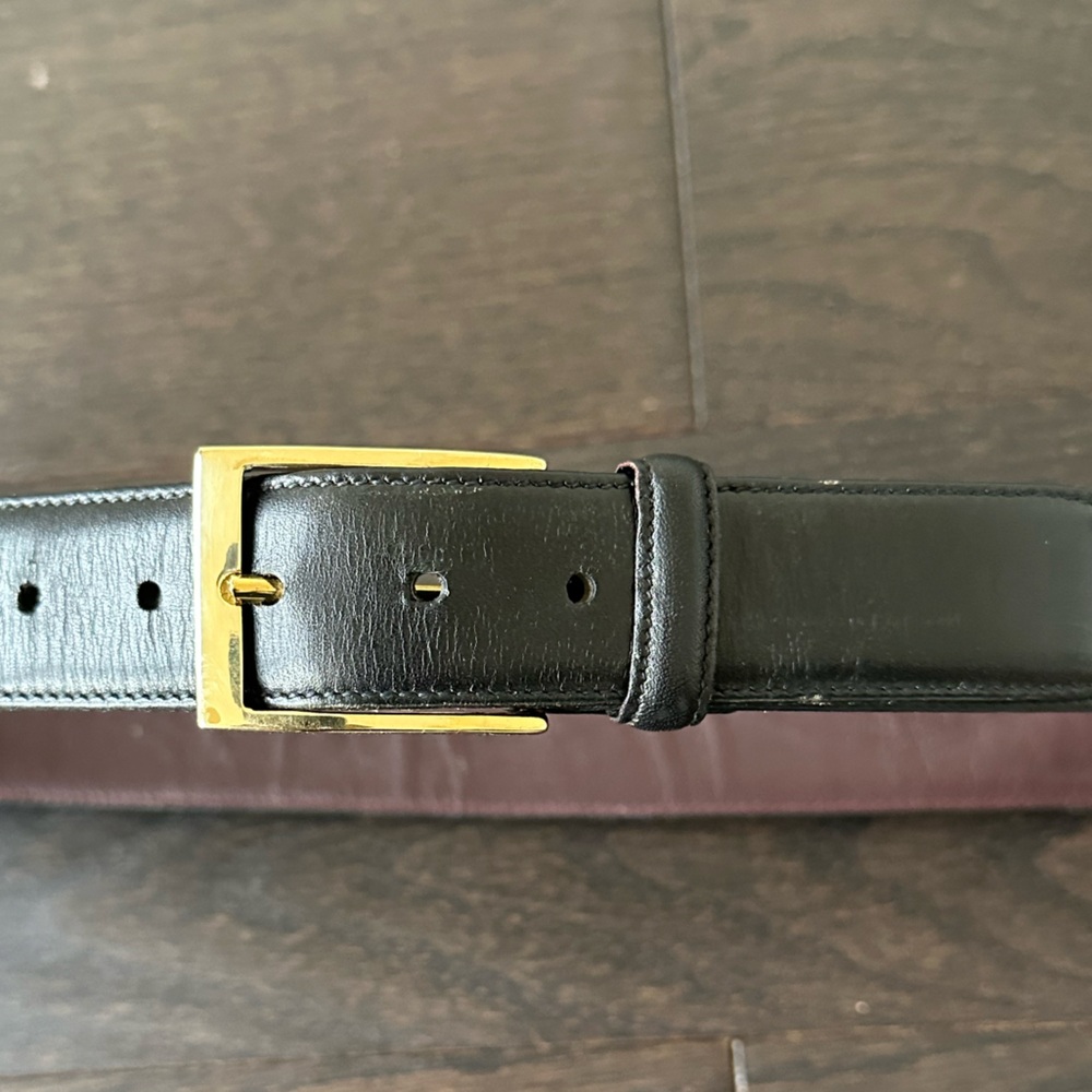 Men's Black Vintage Trafalgar Leather Belt Brass Tone Buckle - Size 34 Waist